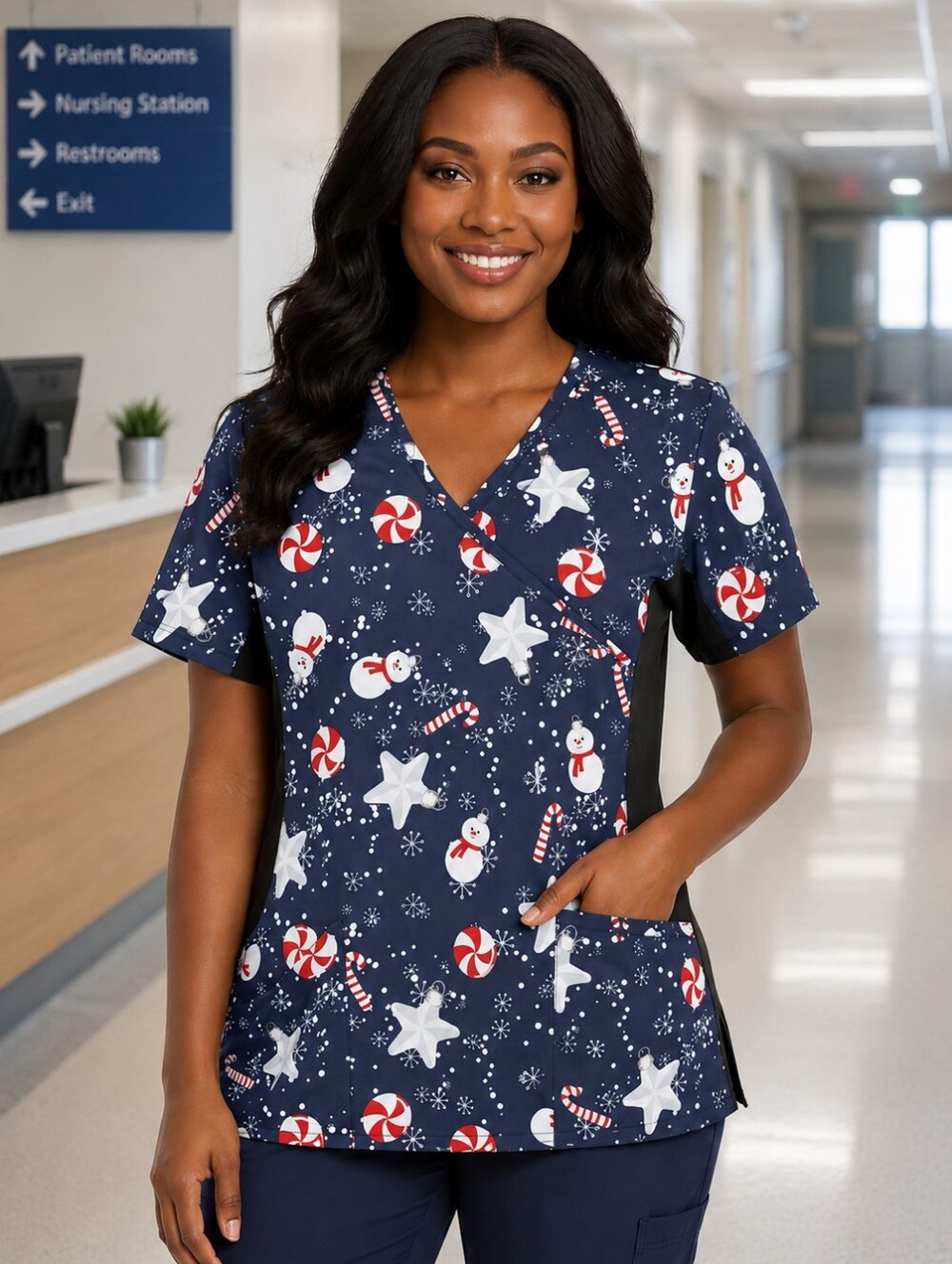 REVEL MEDICAL SCRUB TOP - Navy, Red, White - Candy Canes Snowman SIZE Medium NWT - Picture 1 of 13